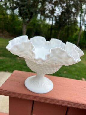 Vintage Hobnail Milk Glass Ruffled Edge Pedestal Compote Candy Nut Dish Bowl